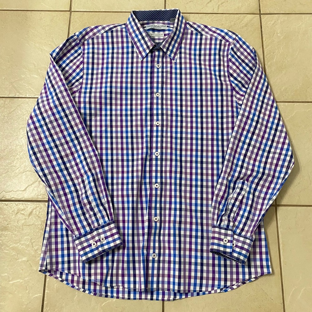 Nick Graham Everywhere Mens Stretch Modern Fit Blue Purple Plaid Long Sleeve XL